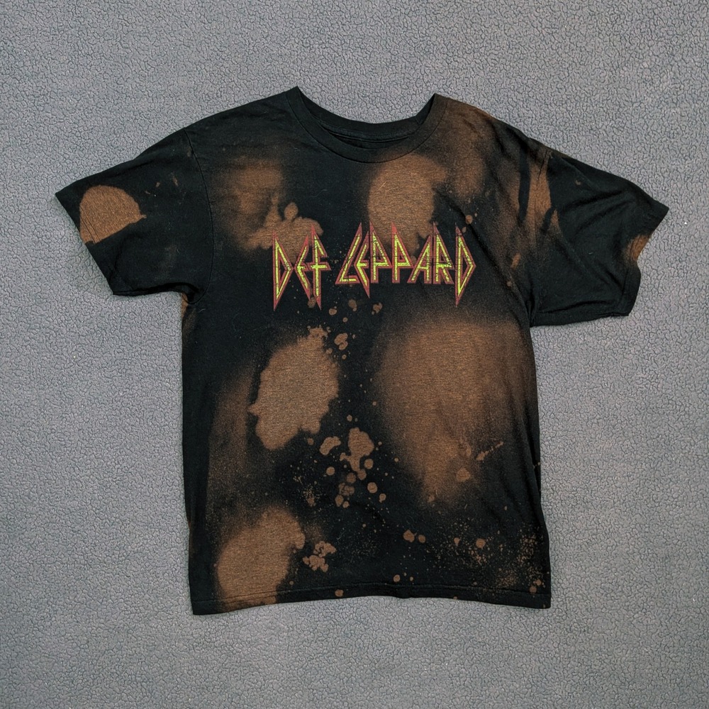 Def Leppard Graphic Band Tee Acid Wash Bleach Dye Black Orange Mens Medium